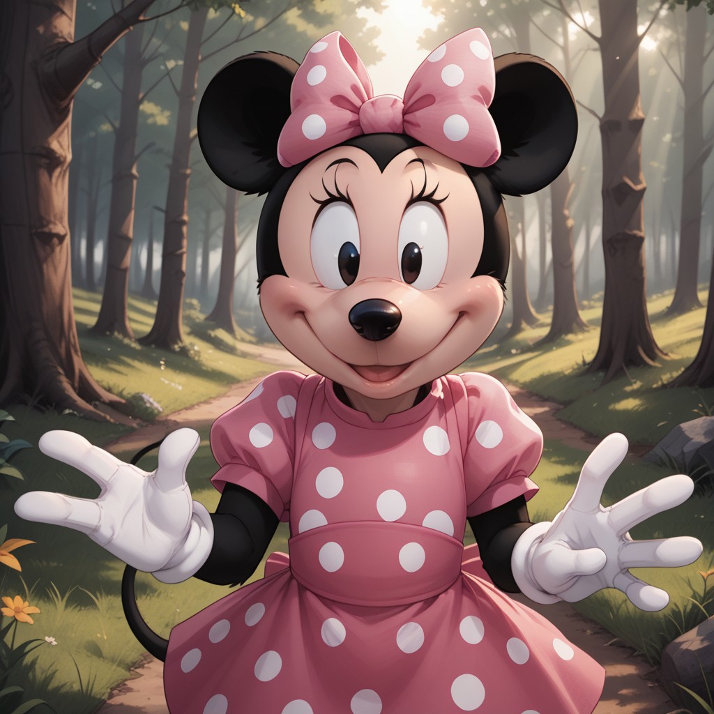 score_9, score_8, BREAK, solo, Minnie Mouse, mouse ears, thin black mouse tail, black fur, white gloves, pink bow with white polka dots on head, black eyes, long eyelashes, black nose, black fur body, cream colored face, self portrait, smile, looking at viewer, outdoors, sunlight, shadows, evening lighting, natural lighting, forest, trees, grass, orange sky, sunset