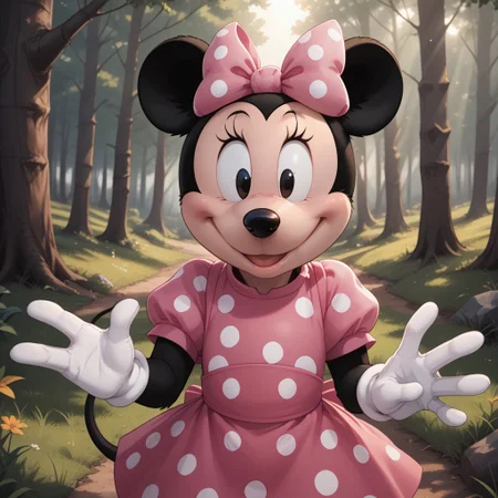 score_9, score_8, BREAK, solo, Minnie Mouse, mouse ears, thin black mouse tail, black fur, white gloves, pink bow with white polka dots on head, black eyes, long eyelashes, black nose, black fur body, cream colored face, self portrait, smile, looking at viewer, outdoors, sunlight, shadows, evening lighting, natural lighting, forest, trees, grass, orange sky, sunset