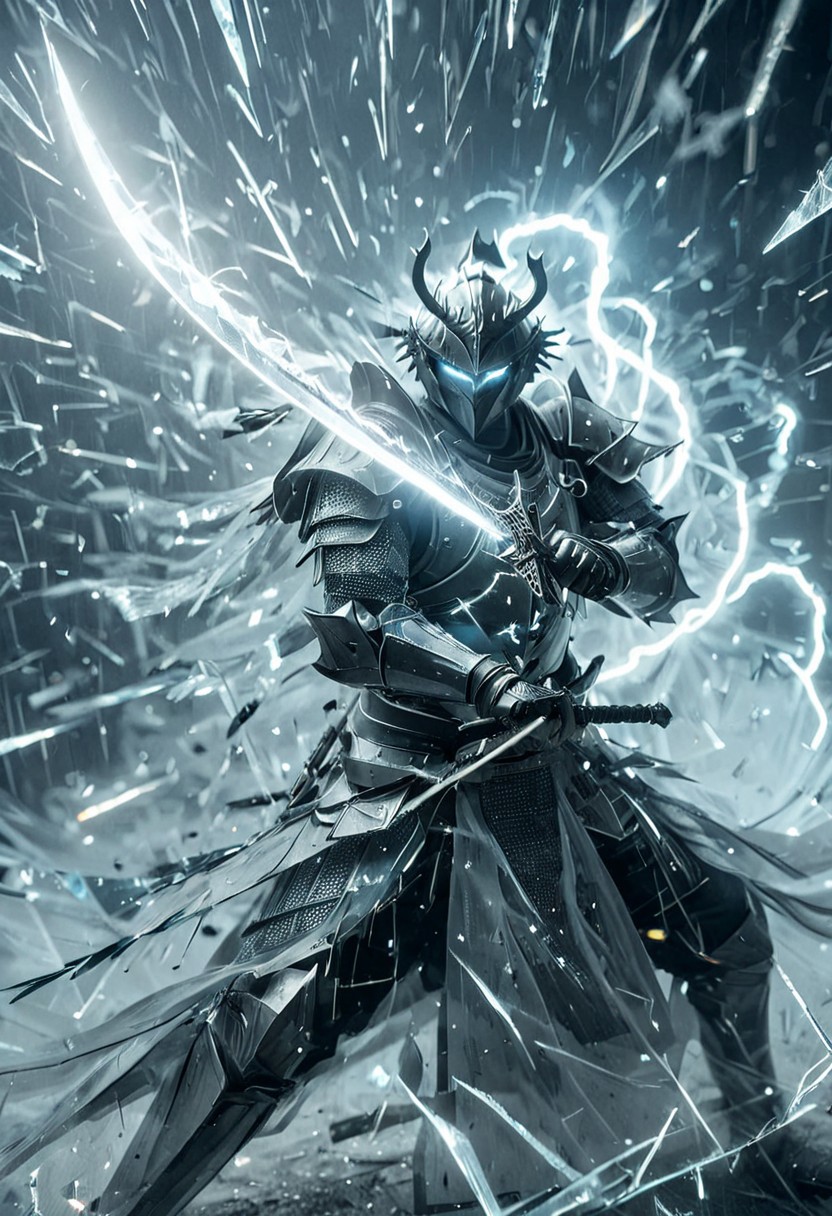 1man, armored samurai, Incoming sword, broken glass, reflection, glowing lightning slash, shatter, holding sword, glowing sword, motion blur, emphasis line, outdoor in the darkness, looking viewer,