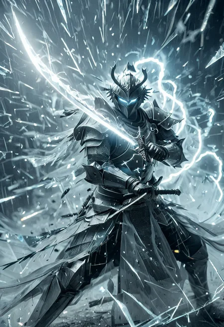 1man, armored samurai, Incoming sword, broken glass, reflection, glowing lightning slash, shatter, holding sword, glowing sword, motion blur, emphasis line, outdoor in the darkness, looking viewer,