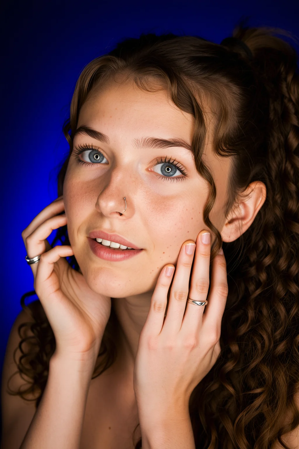 Ring flash, rim light, led lights, studio flash, texture, skin pores, photoshoot, , cute face, , , hands_on_own_cheeks,
blue eyes,nose ring,extra long, curly hairs,High Ponytail cut,   style,Admiring Respect expression, Soft gaze, slight smile, nodding, Cowboy Shot, hip level view, , , , ,
, unimaginable beauty, , ,, <lora:dmd2_sdxl_4step_lora_fp16:1.0>, <lora:subtle-lighting1-xl25:0.75>, <lora:dark:0.175>
