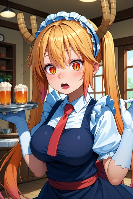 score_9, score_8_up, score_7_up, score_6_up, source_anime, 1girl, solo, <lora:tohru-pdxl-nvwls-v1-000005:1> mdrgtru, blonde hair, twintails, orange hair, gradient hair, orange eyes, slit pupils, horns, headdress, white shirt, collared shirt, red necktie, short sleeves, puffy sleeves, black dress, frills, sash, white gloves, elbow gloves, large breasts, holding tray, looking at you, open mouth, surprised, blush, indoors