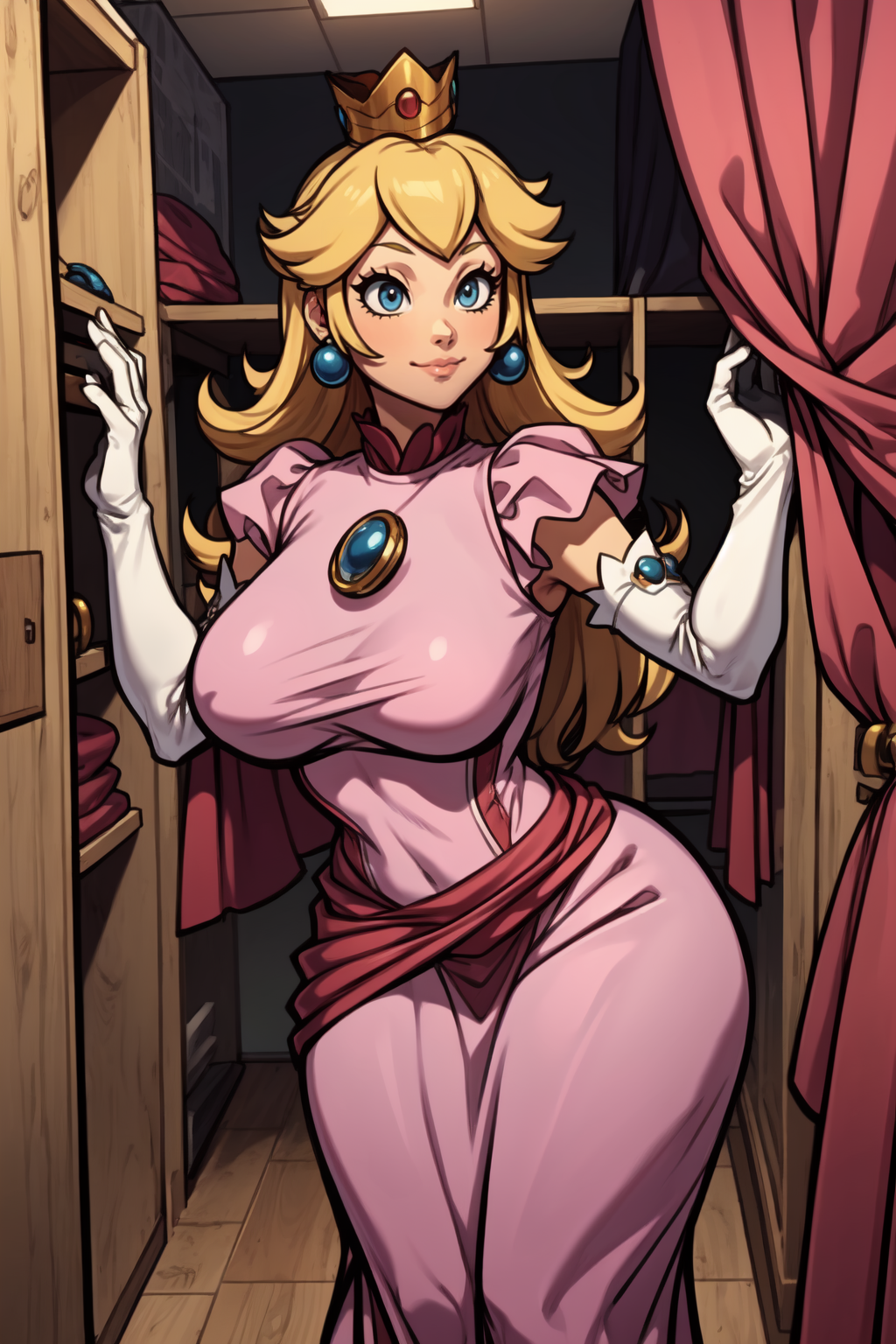 (1girl:1.3), (solo:1.2), curvy, (masterpiece:1.2), (best quality:1.2), (perfect anatomy:1.4), (dynamic pose:1.4), (shy:1.2), shy smile, thick body
<lora:Coffeelove68 [MockAi - v1.0]:0.8> coffeelove68, (thick lineart:1.1), soft lineart, (huge breasts:1.2), (cowboy shot:1.2), <lora:Mario - Peach [Numeratic - v1.0]:1> princess peach, blonde hair, crown, long hair, (pink dress:1.5), (long dress:1.2), covered breasts, princess, short puffy sleeves, brooch, elbow gloves, (white elbow gloves:1.2), (changing room:1.4), (curtains:1.2), inside, well lit, high fashion store, cloth hanger, (wooden chaning room stall:1.2),