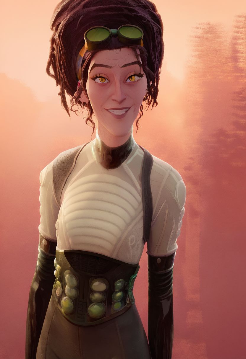 Score_9_up, score_8_up, score_7_up, close up, 1girl, solo, lady doc ock, bodysuit, brown hair, goggles on head, yellow eyes, smiling