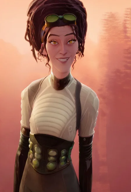 Score_9_up, score_8_up, score_7_up, close up, 1girl, solo, lady doc ock, bodysuit, brown hair, goggles on head, yellow eyes, smiling