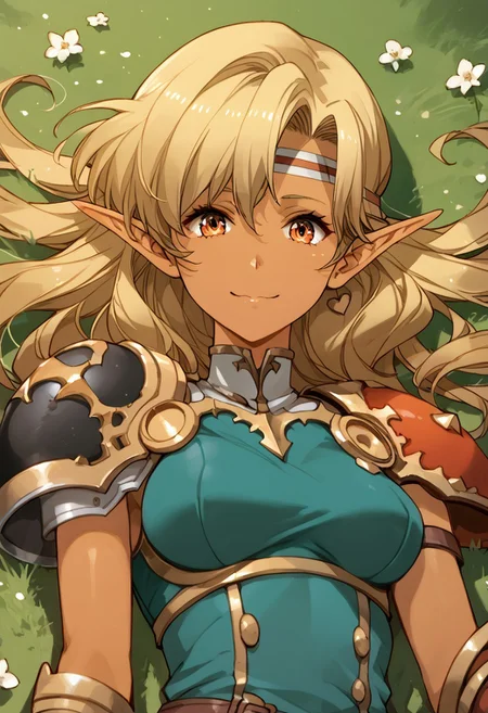 score_9, score_8_up, score_7_up, score_6_up, score_5_up, score_4_up, detailed, intricate details, source_anime, , (best quality) , (highly detailed) ,((masterpiece)), ((best quality)), (ultra-detailed), ((extremely detailed)), (high resolution), 4K, (8K), best quality, (beautiful), (dynamic lighting), (super detailed skin), sharp focus, (1_girl, solo focus), score_9,score_8_up,score_7_up,anime coloring, 1girl,solo, <lora:sonia_p_v1.5>,sonia,s_clothes,pointy ears,dark-skinned female, Dark skin, Dark elf, headband,long hair,blonde hair,armor,shoulder armor, medium breasts, smile, pauldrons, medium hair, shoulder armor, lying on stomach, field, smile, wavy mouth, detailed face and detailed skin <lora:add-detail-xl:1.0> ,(((feminine bodies))),(((perfect anatomy))),