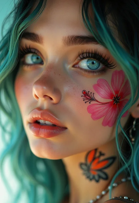 Hyperrealism, extreme close-up Portrait of a beautiful, stunning unique female character. She has large turquoise eyes filled with joy and excitement, extravagant eyelashes, making this image a masterpiece of photography and digital art. Style: realistic hyper-detailed rendering, 32k UHD, expressive eyes, punk, graphic design, pink hibiscus tattoo, girl's face, side view, pretty and cute, gleaming lips, white skin, telling a tale of adventure. Exuding confidence and serenity. Vibrant tattoos adorn her sun-kissed skin
