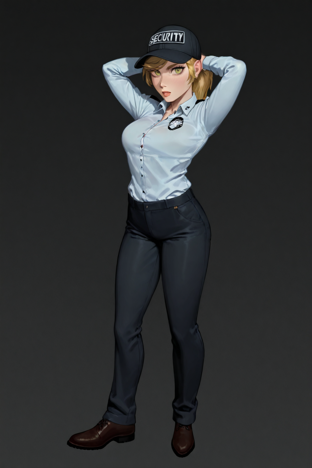 feminine, masterpiece, best quality, newest, absurdres, highres, vanessa, black cap, security cap, dark background, buttoned shirt, white shirt, black pants, brown shoes, arms behind head
BREAK
dark background, dynamic background,   <lora:Vanessa_IL:1>