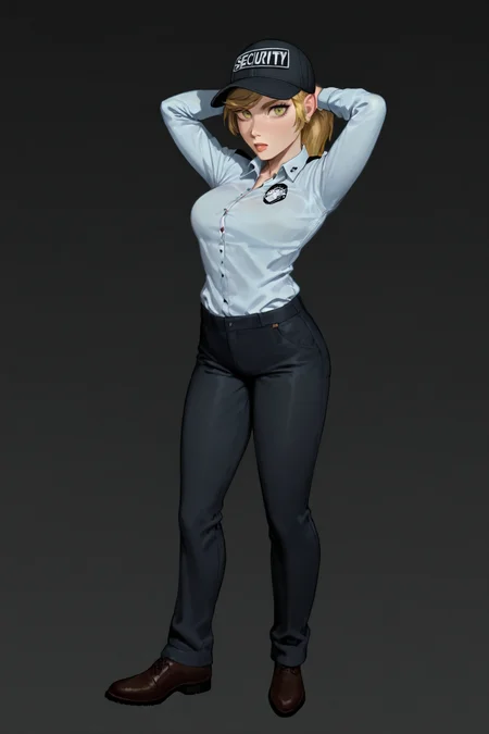 feminine, masterpiece, best quality, newest, absurdres, highres, vanessa, black cap, security cap, dark background, buttoned shirt, white shirt, black pants, brown shoes, arms behind head
BREAK
dark background, dynamic background,   <lora:Vanessa_IL:1>