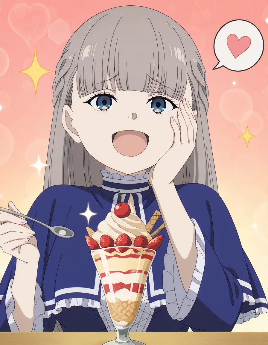 masterpiece, best quality, amazing quality,, <lora:lawine-s1-illustriousxl-lora-nochekaiser:1>, lawine, lawine (sousou no frieren), long hair, bangs, blue eyes, brown hair, braid, low-tied long hair, mature female, medium breasts, anime screencap, <lora:parfait-illustriousxl-lora-nochekaiser:1>, parfait, open mouth, heart, food, sparkle, fruit, happy, hand on own face, spoken heart, ice cream, strawberry, spoon, hand on own cheek, cherry, holding spoon, , ,