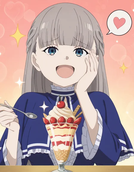 masterpiece, best quality, amazing quality,, <lora:lawine-s1-illustriousxl-lora-nochekaiser:1>, lawine, lawine (sousou no frieren), long hair, bangs, blue eyes, brown hair, braid, low-tied long hair, mature female, medium breasts, anime screencap, <lora:parfait-illustriousxl-lora-nochekaiser:1>, parfait, open mouth, heart, food, sparkle, fruit, happy, hand on own face, spoken heart, ice cream, strawberry, spoon, hand on own cheek, cherry, holding spoon, , ,