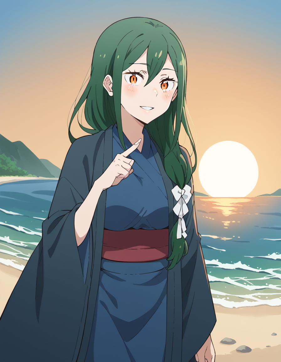 score_9, score_8_up, score_7_up, source_anime, <lora:crusch-karsten-s3-p1-ponyxl-lora-nochekaiser:1>, crusch karsten, long hair, hair between eyes, green hair, orange eyes, medium breasts,, hair bow, japanese clothes, kimono, sash, low-tied long hair, blue kimono, beach, sunset, walking along shore, footprints in sand, waves, peaceful, smile, <lora:x-fingers-ponyxl-lora-nochekaiser:1>, x fingers, blush, parted lips,, looking at viewer, solo,, dutch angle, cowboy shot