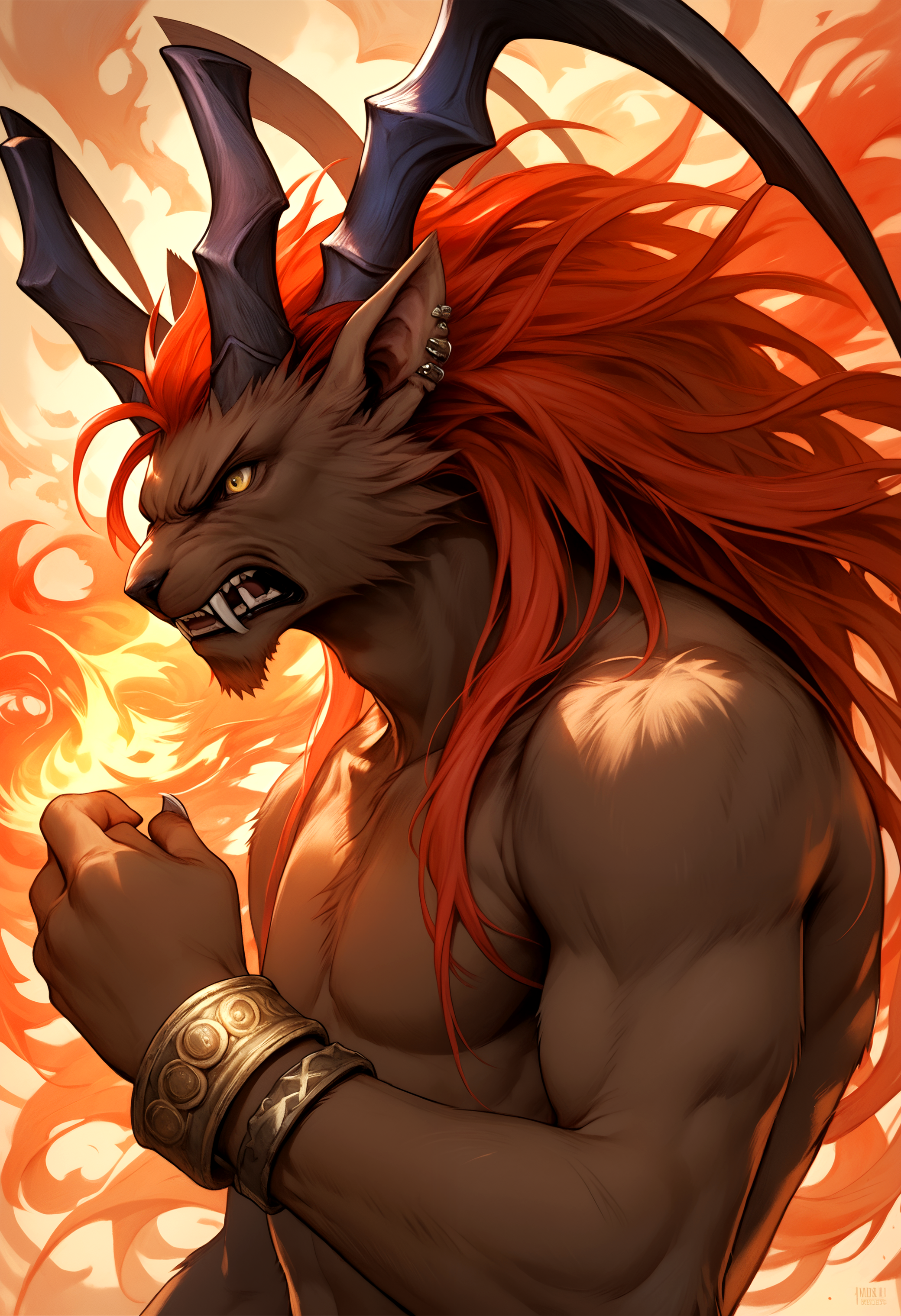 score_9, score_8_up, score_7_up, 8k, detailed design, detailed background, detailed characters, masterpiece, anthro only, furry only, <lora:IfritFF8-000003>,solo, 1boy,  ifrit_(final_fantasy), topless, ear piercing, red hair, long hair, fangs, horns, yellow eyes, brown fur, bracelet, close up, angry, side angle,  fire, abstract background, shadows, red,