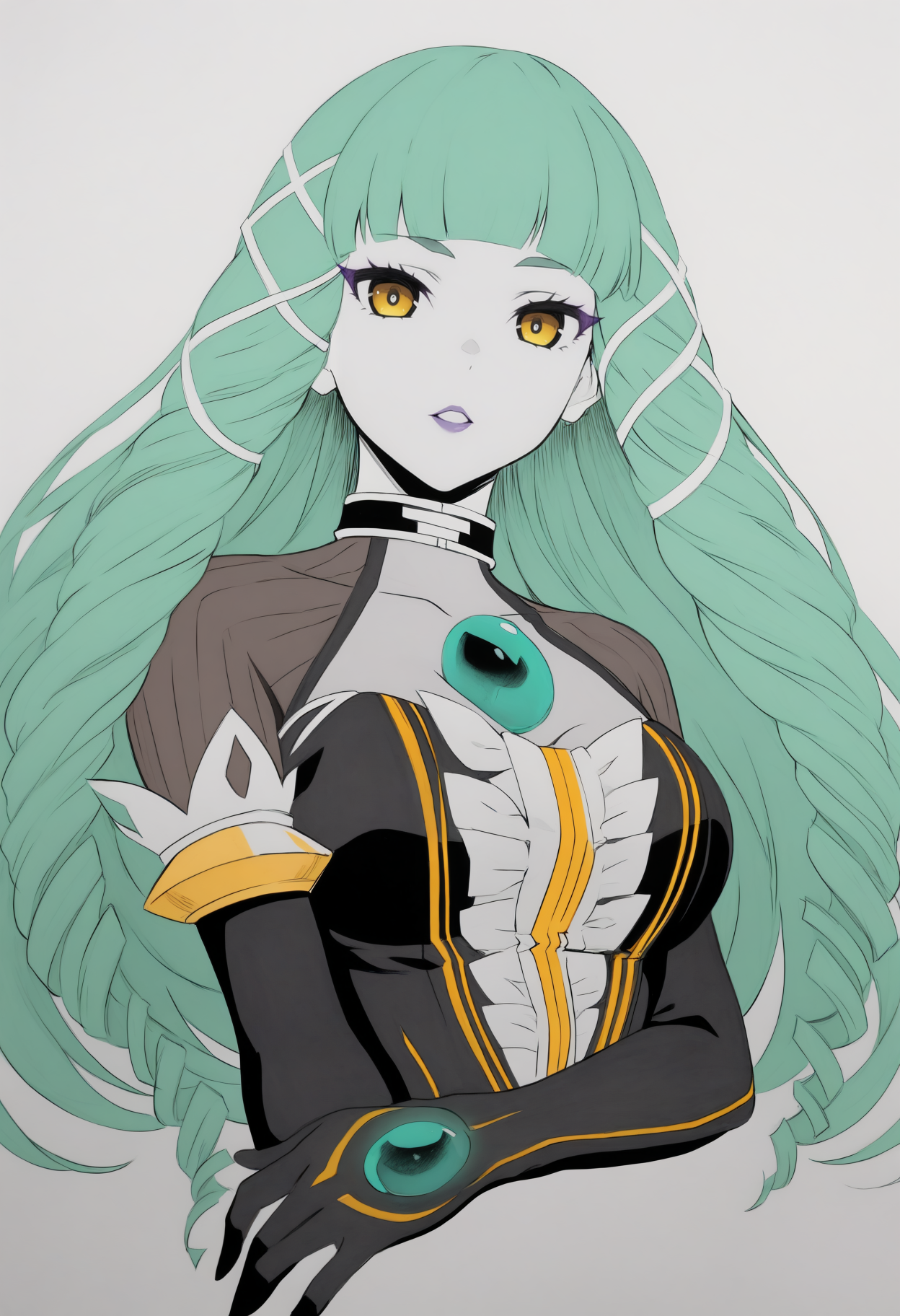 masterpiece, best quality, 1girl, solo, Emeraude, yellow eyes, green hair, long hair, drill sidelocks, white tress ribbon, halterneck, see-through collarbone, chest jewel, black dress, sleeveless dress, center frills, vertical-striped bodystocking, black elbow gloves, greyscale, spot color, monochrome, lineart, sketch, graphite \(medium\), traditional media, cropped torso, three quarter view, parted lips, purple lips, looking at viewer, <lora:ChamEmeraudeNoob:1>