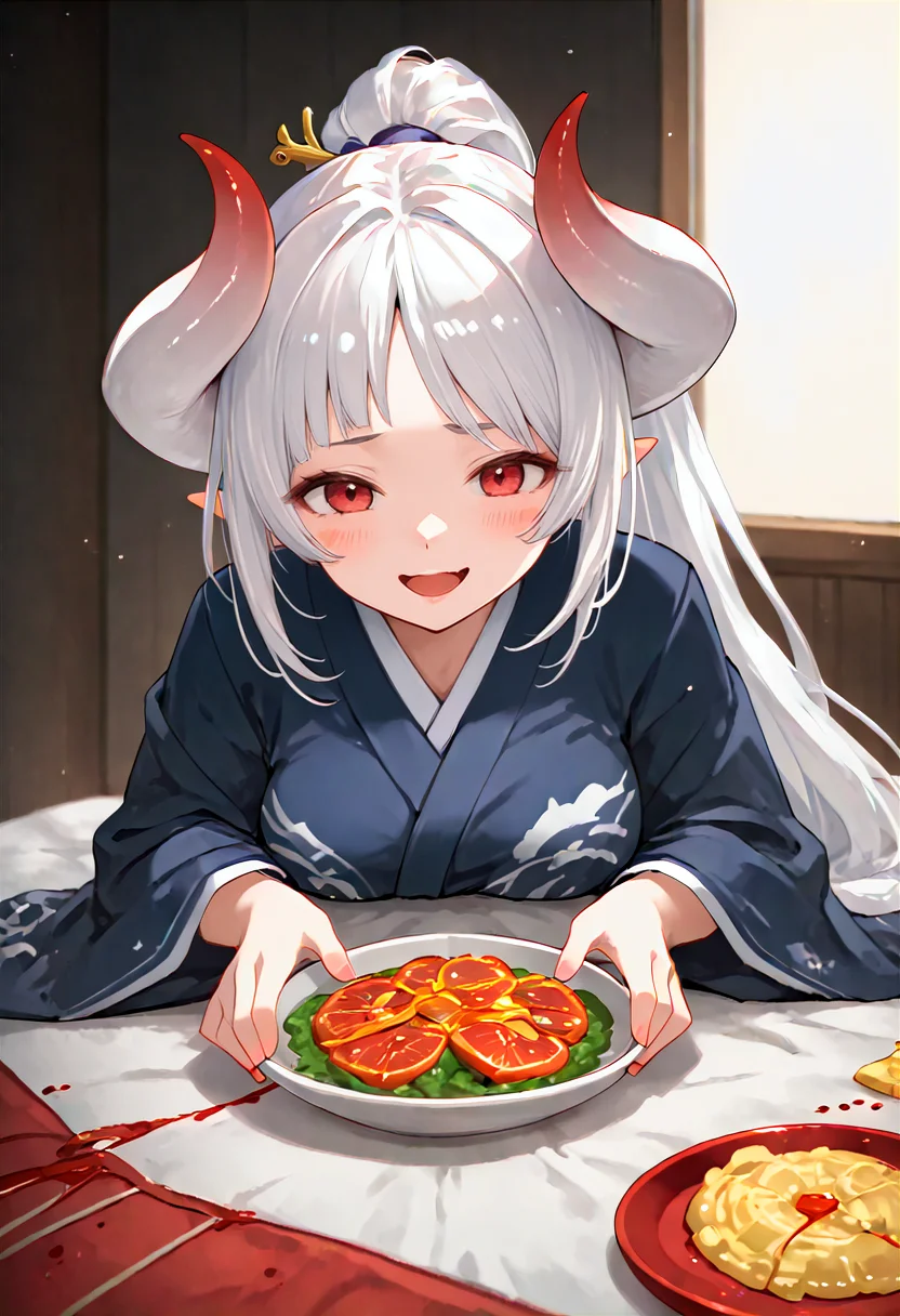 score_9, score_8_up, score_7_up, score_6_up, score_5_up, score_4_up, source_anime, rating_explicit, detailed, zPDX, detailed body, detailed face, azusagbf, white hair, horns, red eyes, japanese clothes, indoors, kitchen, harsh lighting, rim lighting, multiple persona, blood from mouth, brown hair, no humans, smile, severed head, food, jitome, kimono, oni horns, blood, red horns, no mouth, open mouth, red kimono, blue kimono, curry, curry udon, blush stickers
<lora:add_details_xl:1.2> <lora:xl_more_art-full_v1:1.2> <lora:Expressive_H:1> <lora:Azusa - Granblue Fantasy_epoch_9:0.7>