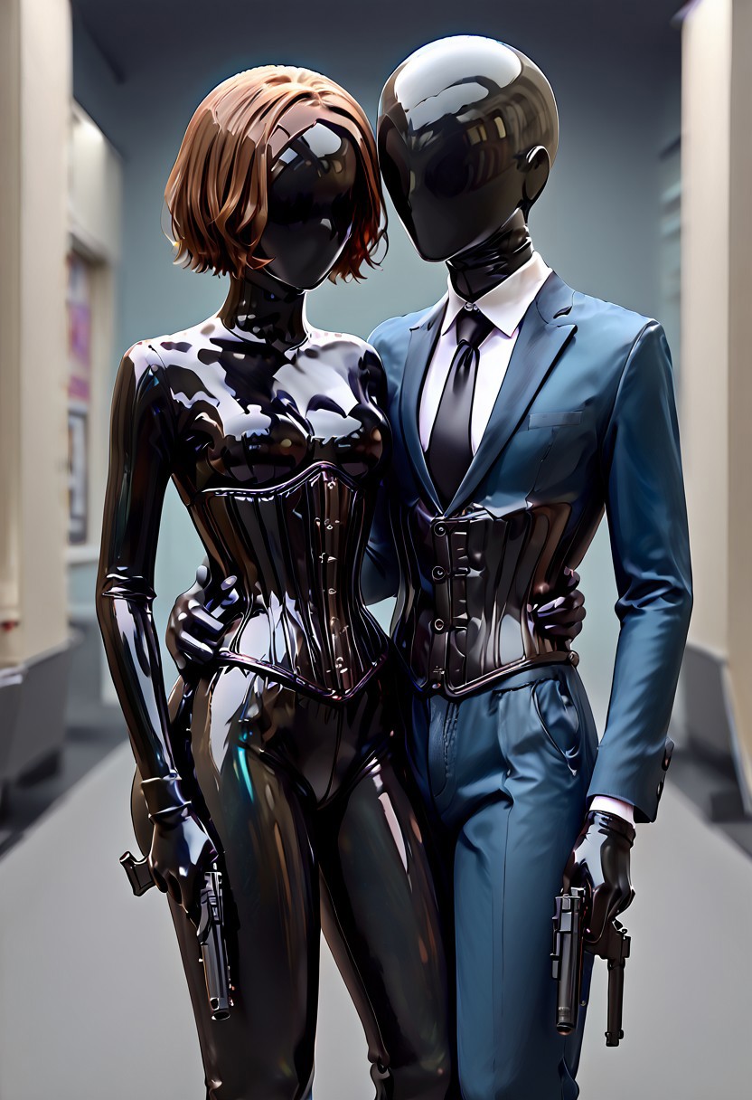 1boy, gun, brown hair, short hair, blue suit, black necktie, grey blue pants, hand_on_another's_waist, hand on another's waist, 1girl, DroneFace, glossy, no hair, Latex body,  shiny, black bodysuit, Corset, latex leggings, latex gloves, gun.