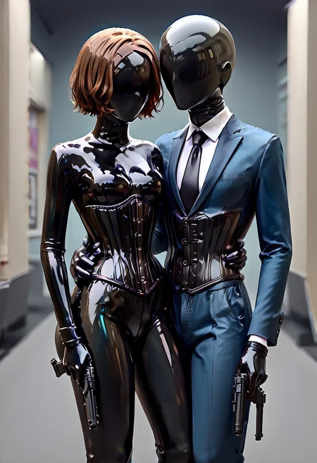 1boy, gun, brown hair, short hair, blue suit, black necktie, grey blue pants, hand_on_another's_waist, hand on another's waist, 1girl, DroneFace, glossy, no hair, Latex body, shiny, black bodysuit, Corset, latex leggings, latex gloves, gun.
