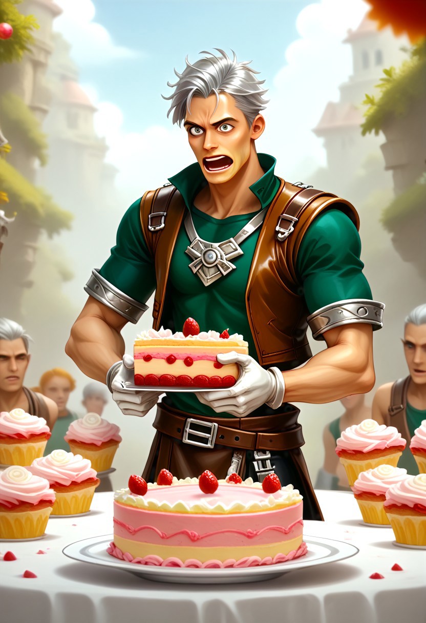 score_9, score_8_up, score_7_up, raymanstyle,, male focus, toned male, natgra2, gray eyes, short hair, silver hair, steel greaves, plated footwear, brown skirt, black pants, green shirt, brown leather vest, silver belts, white gloves, silver chest plate, surprised expression, open mouth, wide eyed, eating cake, holding cake, (messy:2)