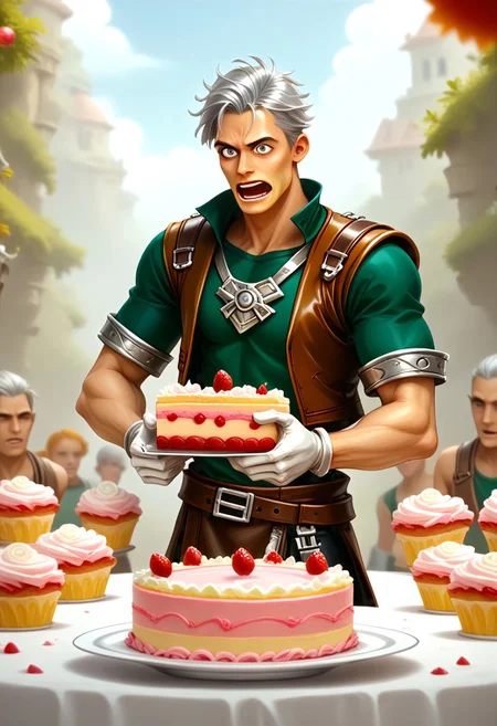 score_9, score_8_up, score_7_up, raymanstyle,, male focus, toned male, natgra2, gray eyes, short hair, silver hair, steel greaves, plated footwear, brown skirt, black pants, green shirt, brown leather vest, silver belts, white gloves, silver chest plate, surprised expression, open mouth, wide eyed, eating cake, holding cake, (messy:2)