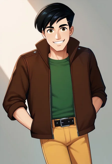 score_9, score_8_up, score_7_up BREAK RyanDef, 1boy, black hair, brown eyes, open brown jacket, green undershirt, belt, buckle, yellow pants, gray white shoes, full body, smiling at viewer,