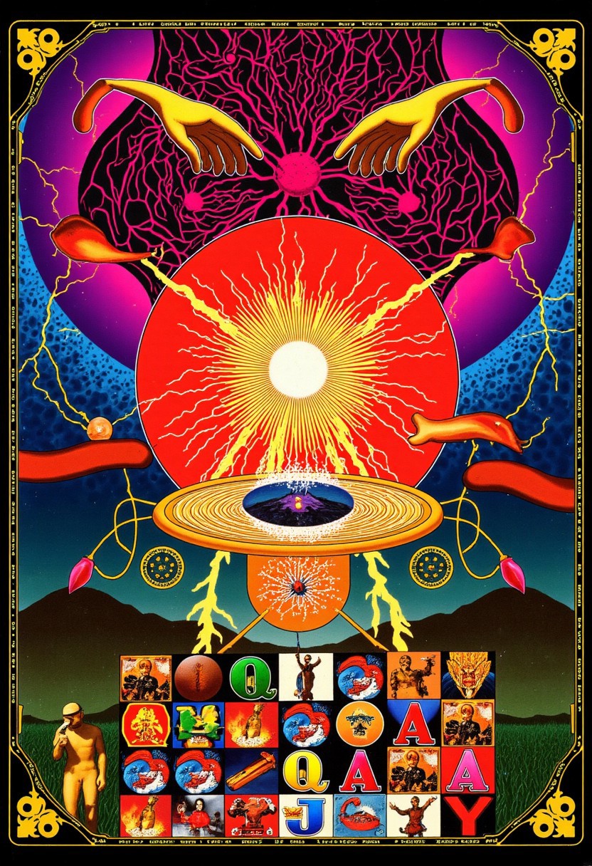 Slot machine graphics from front view . Disturbing scenes of addiction, people injecting drugs heroin, white powder, drinking alcohol smoking cigarettes. very strange surrealist style with holographic vortex featuring swirls of holotropic colour and glowing eyes wet distorted factory shot. On the television sets are glowing hands, with electricity coming off the finger tips. swirling around her head are holograms of  glyphs chaos magick symbols. the room has thick electricity cables and smoke is coming off them. large wet glistening slices of wet soggy ham and hot dogs are floating in the air, dripping gooey sauce combining mustard and blood, there are multiple wet hotdogs floating. on the wall in the background are photos of nuclear explosions