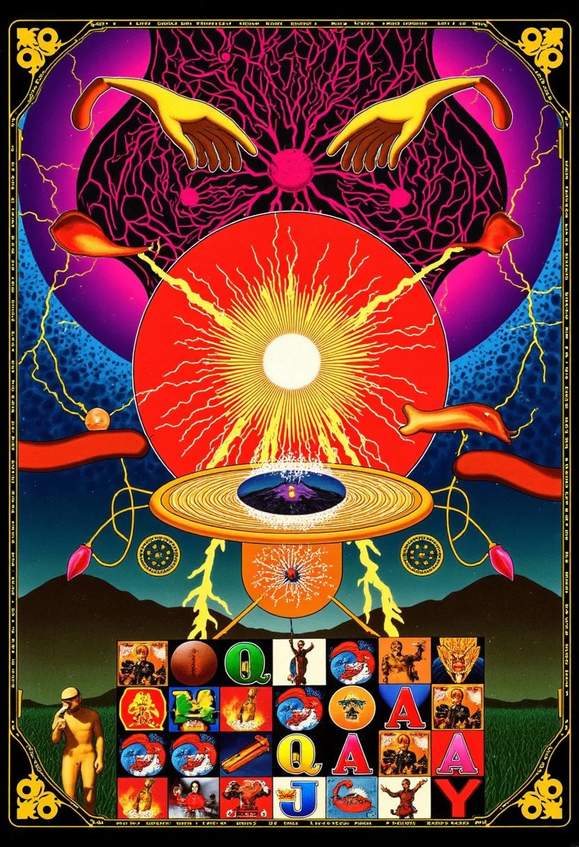 Slot machine graphics from front view . Disturbing scenes of addiction, people injecting drugs heroin, white powder, drinking alcohol smoking cigarettes. very strange surrealist style with holographic vortex featuring swirls of holotropic colour and glowing eyes wet distorted factory shot. On the television sets are glowing hands, with electricity coming off the finger tips. swirling around her head are holograms of glyphs chaos magick symbols. the room has thick electricity cables and smoke is coming off them. large wet glistening slices of wet soggy ham and hot dogs are floating in the air, dripping gooey sauce combining mustard and blood, there are multiple wet hotdogs floating. on the wall in the background are photos of nuclear explosions