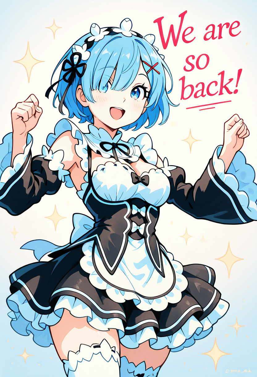 masterpiece, best quality, 1girl, solo, eyelashes, (beautiful eyes),    We4reSoB4ck, text, medium breasts, (curvy),   rem, blue eyes, blue hair, hair ornament, hair over one eye, hair ribbon, short hair, x hair ornament, large breasts,, apron, black bow, black dress, black ribbon, bow, detached sleeves, dress, frilled apron, frilled sleeves, frills, juliet sleeves, long sleeves, maid, neck ribbon, puffy sleeves, ribbon, roswaal mansion maid uniform, thighhighs, two-tone dress, waist apron, white bow, white dress, white thighhighs,  ,dynamic pose, foreshortening,  (upper body), smile, looking at viewer, gradient background,   ,<lora:We4reSoB4ck_IXL_v1:1.0>,