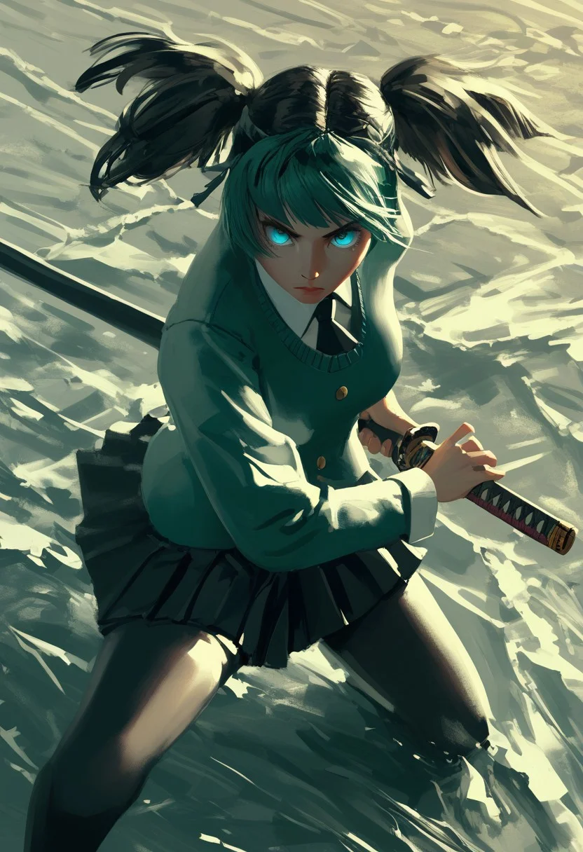1girl,medium breasts, school uniform,
weapon, holding sword, battoujutsu, battoujutsu stance, ready to draw, sheathed, unsheathing, scabbard, fighting stance,
from above, fisheye lens, looking down, water eye, workplace, closed mouth,
masterpiece, best quality, very aesthetic, absurdres