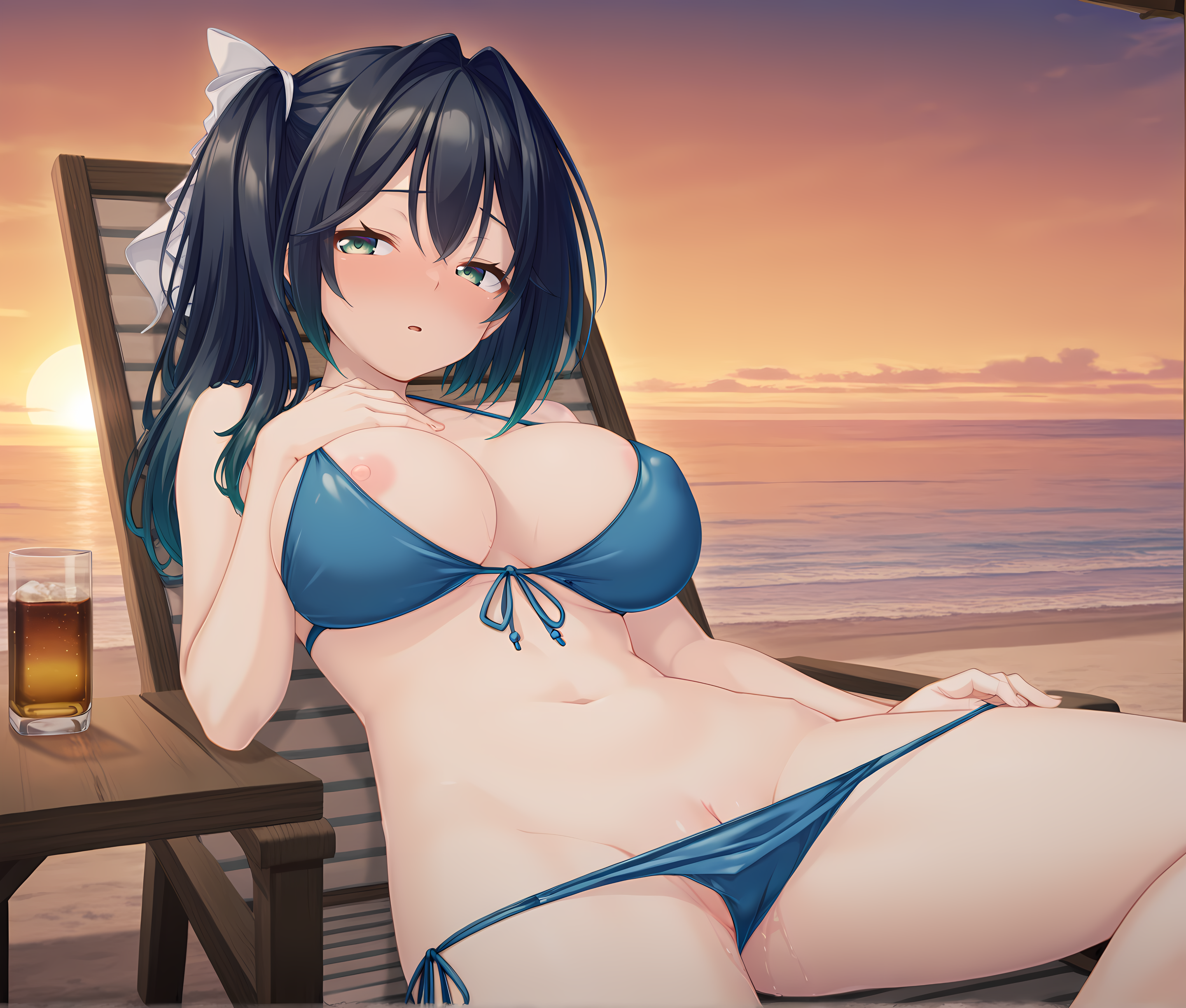 <lora:Ryugato_Yachiyo:0.8>,yachiyo with black hair,green eyes,long hair,hair ribbon,side ponytail,hair intakes,hair between eyes,large breasts,blush,solo,cowboy shot,beach,on chair,lounging,presenting,bikini,blue bikini,front-tie top,side-tie bikini bottom,parted lips,sideways glance,sunset,alcohol,panty pull,teasing,pussy peek,bra pull,bra peek,strap,half-closed eyes,arm on own leg,hand on own chest,pulling own clothes,, masterpiece,best quality,amazing quality, very aesthetic, absurdres,detailed eyes,ultra-detailed,