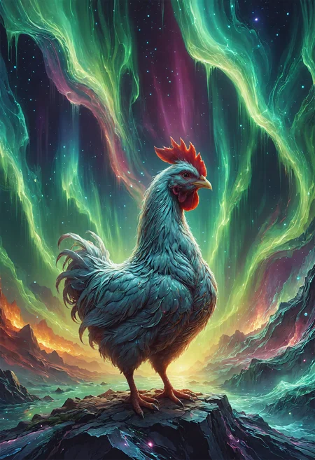 Extreme Close-up, breathtaking illustration from adult comic book presenting in mystic cave, aurora glow, hidden treasures, whispered enchantments, echoes of the past, white Chicken in center, celestial Northern lights on the background . Continuous and unbroken black line, minimalistic, simplicity, economical use of space, flowing and dynamic, symbolic representations, contemporary aesthetic, evocative and abstract, raytracing, vivid shades, white background, morph-aurora