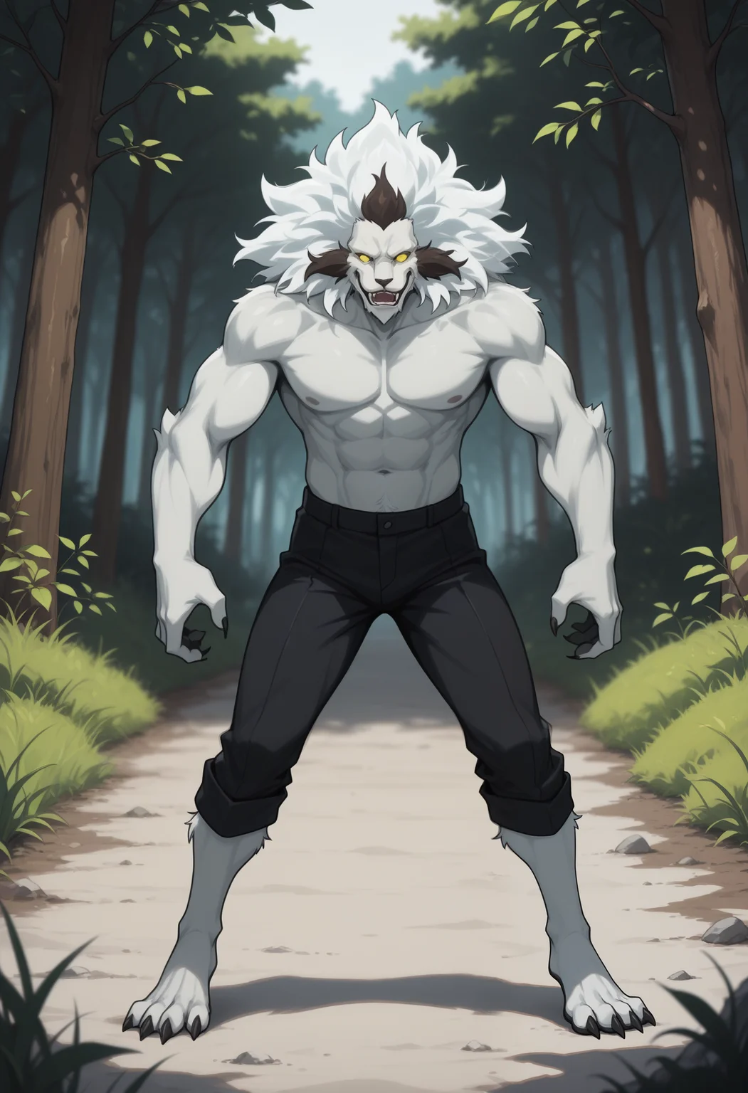 masterpiece,best quality,amazing quality, 1boy, solo, b43k, furry, colored sclera, no pupils, black pants, full body, outdoors, topless, glowing eyes, white fur,