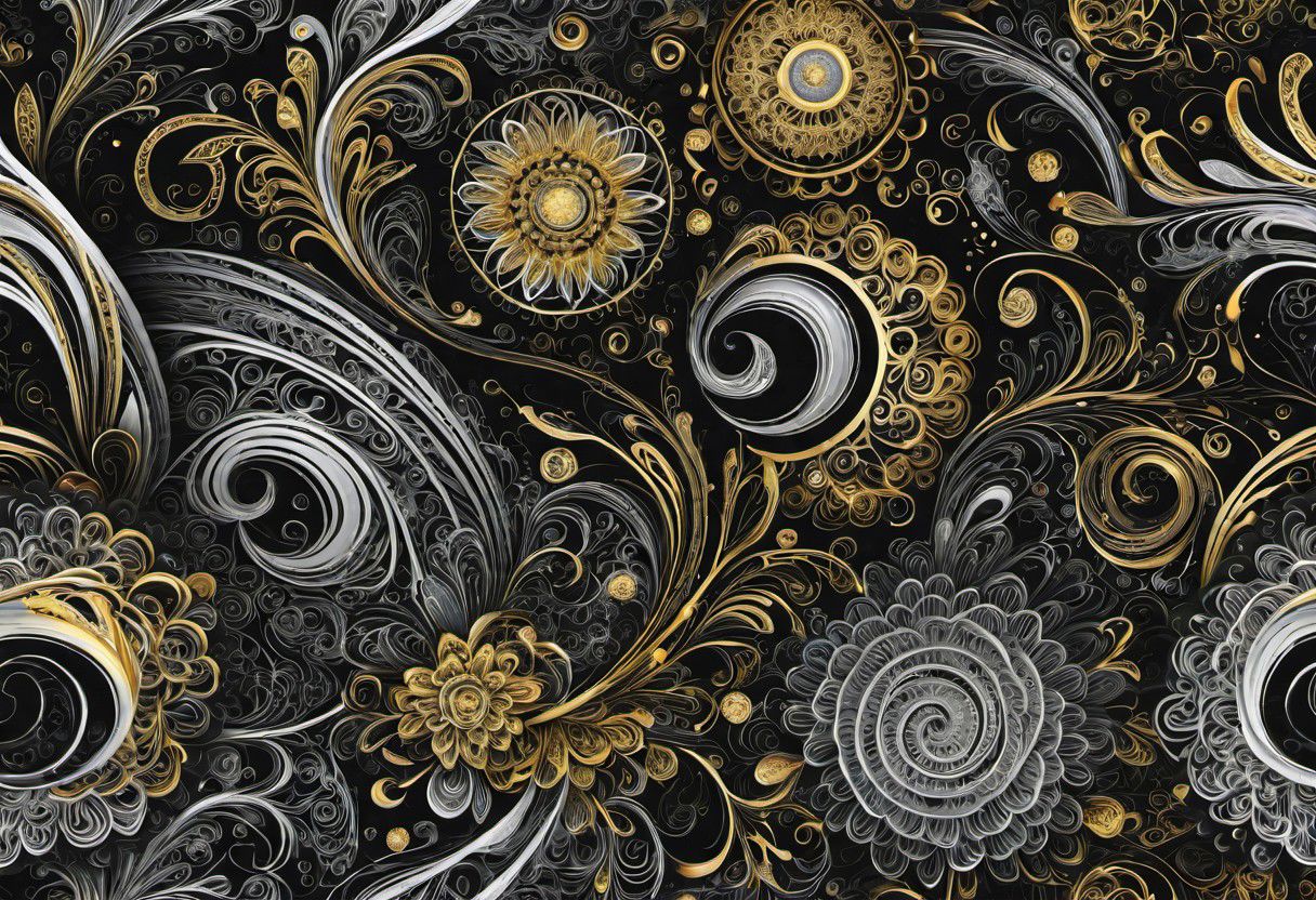 detailed 2D white+gold doodles on black background, crisp edges, merged with a 3D rendition of gassy or bubbly soft-edged shapes in many colors,