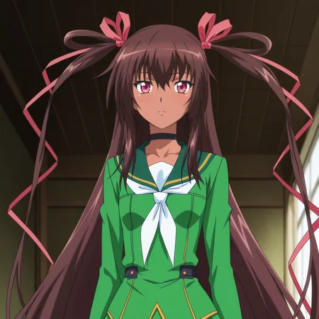 mizuki_yukikaze/(h-anime/), 1girl, brown hair, long hair, very long hair, twintails, hair ribbon, ribbon, pink eyes, small breasts, dark-skinned_female, choker, school_uniform/(ty/), green school_uniform