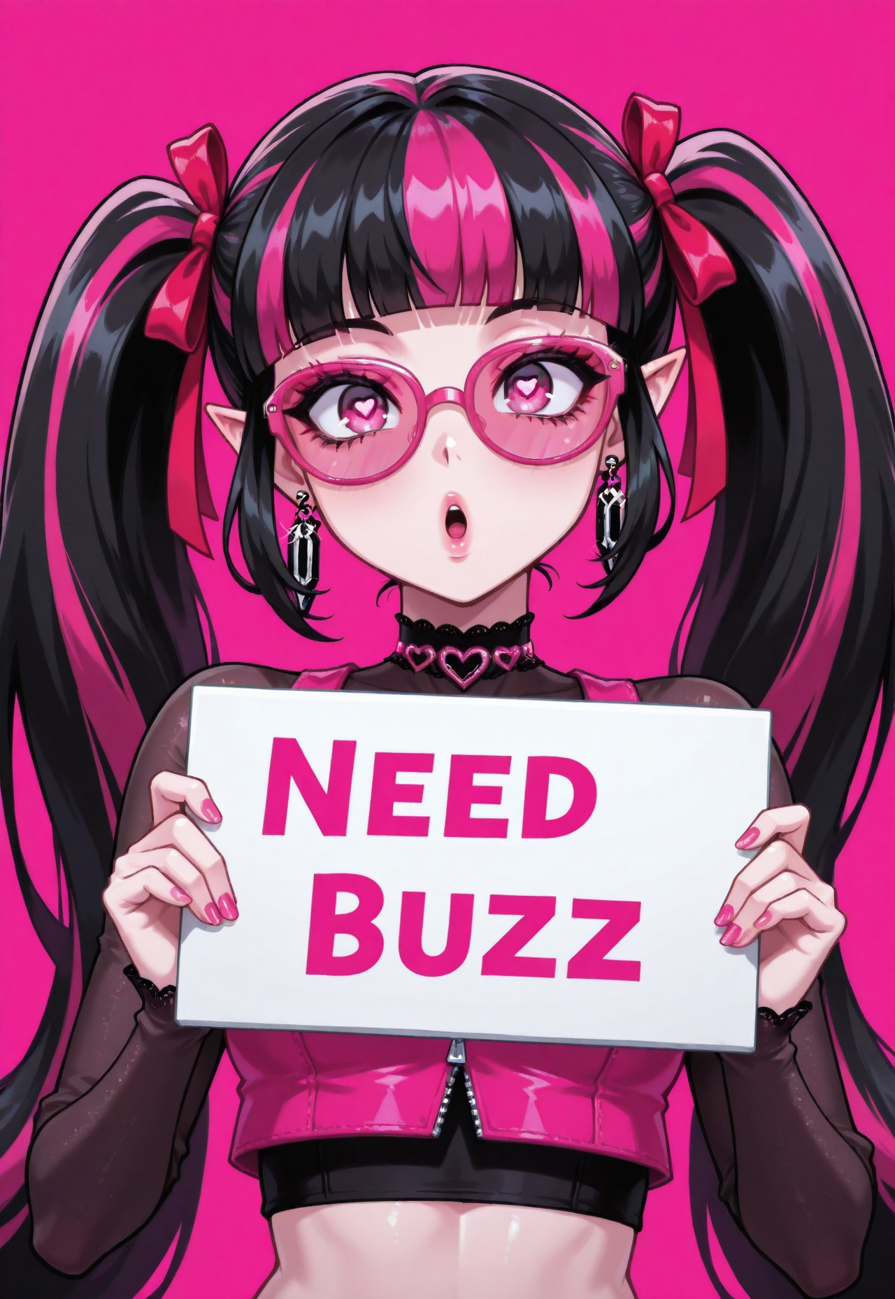 masterpiece,best quality,amazing quality,absurdres, zzDraculaura, solo, twintails, multicolored hair, pink hair, black hair, pink eyes, pointy ears, 1girl, :o, pink nails, earrings, fingernails, hair ribbon, heart, heart-shaped pupils, jewelry, crop-top, long hair, blunt bangs, pink-framed eyewear, pink-tinted eyewear, simple background, red ribbon, ribbon, simple background, solo, tinted eyewear, upper body, holding sign, buzz, need_buzz, "need buzz", hearts