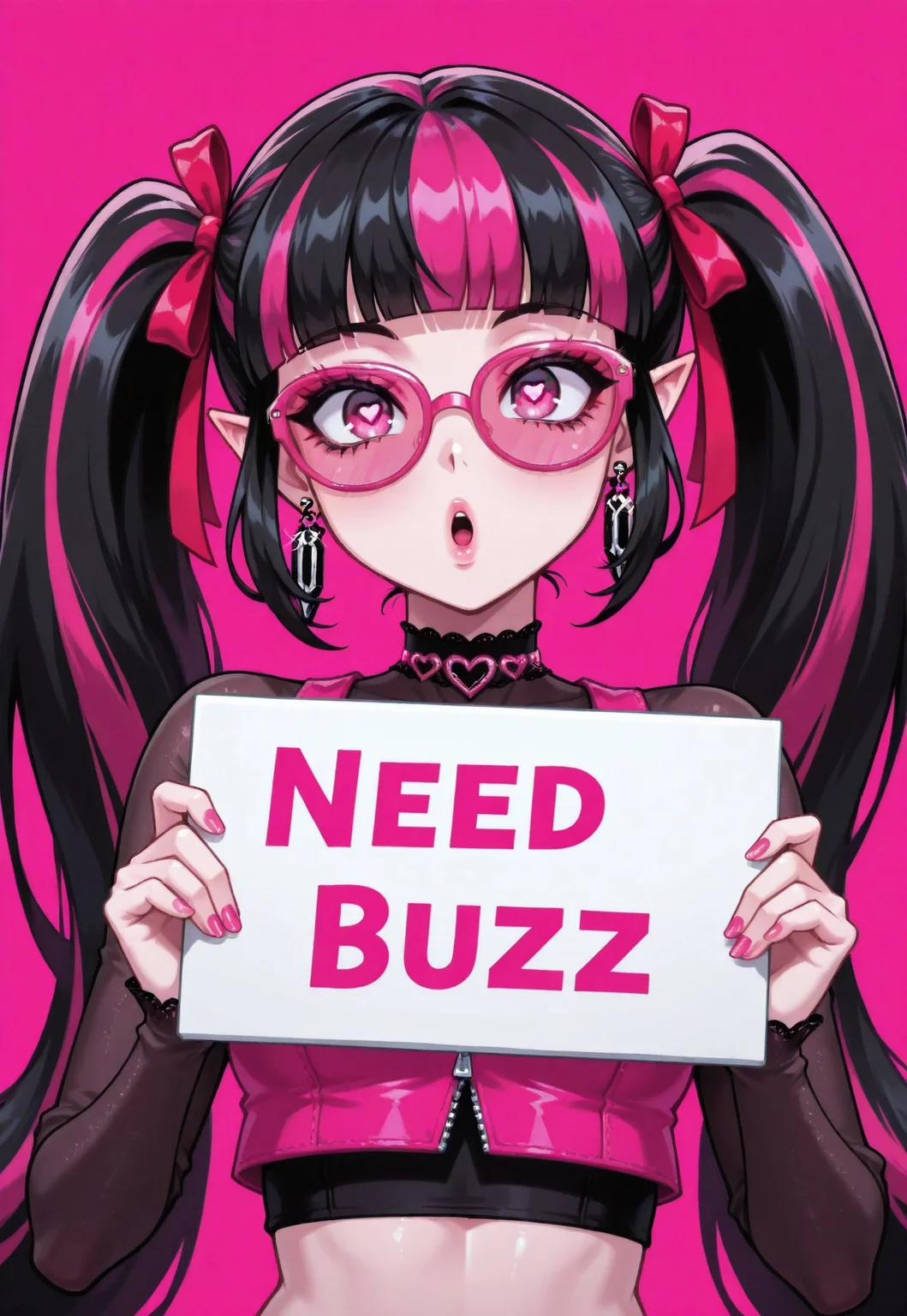 masterpiece,best quality,amazing quality,absurdres, zzDraculaura, solo, twintails, multicolored hair, pink hair, black hair, pink eyes, pointy ears, 1girl, :o, pink nails, earrings, fingernails, hair ribbon, heart, heart-shaped pupils, jewelry, crop-top, long hair, blunt bangs, pink-framed eyewear, pink-tinted eyewear, simple background, red ribbon, ribbon, simple background, solo, tinted eyewear, upper body, holding sign, buzz, need_buzz, "need buzz", hearts