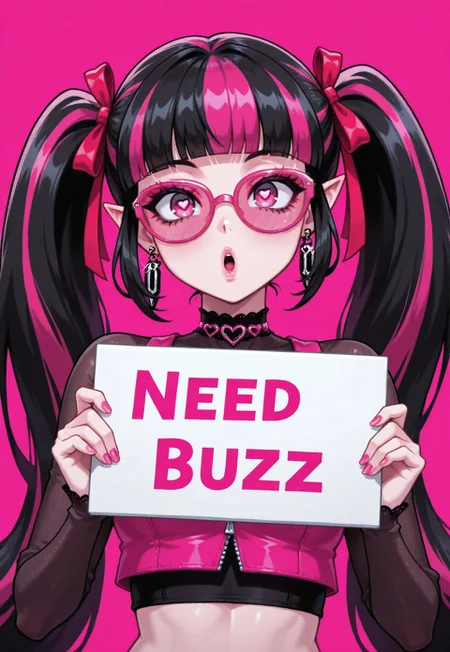 masterpiece,best quality,amazing quality,absurdres, zzDraculaura, solo, twintails, multicolored hair, pink hair, black hair, pink eyes, pointy ears, 1girl, :o, pink nails, earrings, fingernails, hair ribbon, heart, heart-shaped pupils, jewelry, crop-top, long hair, blunt bangs, pink-framed eyewear, pink-tinted eyewear, simple background, red ribbon, ribbon, simple background, solo, tinted eyewear, upper body, holding sign, buzz, need_buzz, "need buzz", hearts