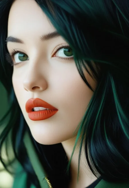 bellissima, 1girl, solo, looking at viewer, black hair, green eyes, parted lips, choker, blurry, lips, eyelashes, depth of field, blurry background, messy hair, portrait, realistic, nose, 50mm . cinematic 4k epic detailed 4k epic detailed photograph shot on kodak detailed cinematic hbo dark moody, 35mm photo, grainy, vignette, vintage, Kodachrome, Lomography, stained, highly detailed, found footage,
