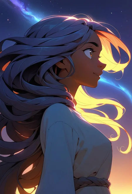 pixar, 1girl, from side, glowing, glowing hair, galaxy hair, long hair, hair flowing over, sunrise stance, face focus, looking up, from below, senegalese twists