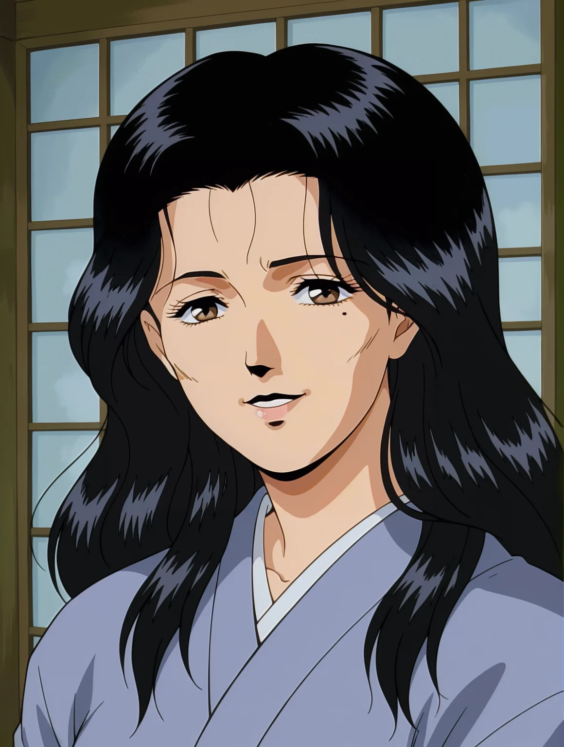 <lora:Michiyo-Adventure_Kid_1993:0.7>,Michiyo,mature female,1girl,solo,black hair,mole under eyes,retro artstyle,1990s (style),brown eyes,long hair,kimono,upper body,looking at viewer,indoors,smile