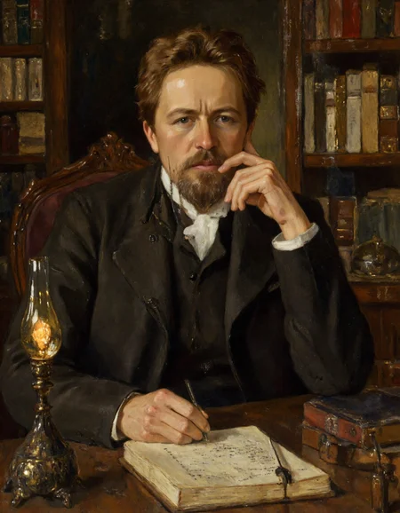 Rembrandt style <lora:Dark_Ghibli:0.6>, Portrait of Anton Pavlovich Chekhov â a masterpiece painting style. A realistic, highly detailed portrait of the famous Russian writer Anton Chekhov in his middle age, around 40 years old. He is sitting at a wooden desk in a dimly lit study filled with antique bookshelves, old manuscripts, and a burning oil lamp. His expression is thoughtful and melancholic, reflecting deep intellect and literary genius. He is dressed in a classic 19th-century dark suit with a white shirt and cravat. The background should be warm and moody, with rich browns, deep greens, and golden shadows to emphasize the atmosphere of late 19th-century Russia. Use dramatic chiaroscuro lighting to highlight his face and hands resting on a notebook and pen. Style inspired by the great realist painters like Ilya Repin or William Bouguereau â precise details, emotional depth, and historical authenticity., <lora:Ð§ÐÐ¥ÐÐ:1> . Baroque, chiaroscuro, realistic, emotional, "flat lighting