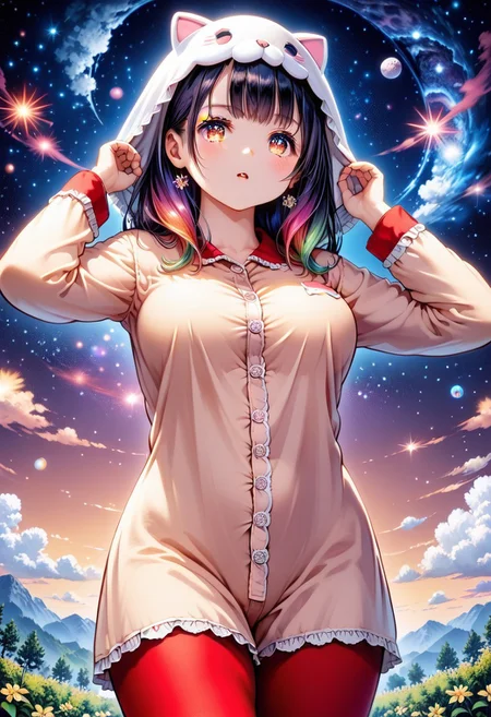 score_9, score_8_up, score_7_up, 1girl, solo, HimenoMP, scenery, (big breasts:0.8). (wide thighs:1.1), (wide hips:1.1), (mature woman:1.1), (detailed eyes, Eyes in high definition, eyes with a lot of detail), (best quality:1.4), a close up of a woman with colorful hair, anime girl with cosmic hair, rossdraws pastel vibrant, artwork in the style of guweiz, fantasy art style, colorful, vibrant fantasy style, rossdraws cartoon vibrant, cosmic and colorful, guweiz, colorfull digital fantasy art, stunning art style, beautiful anime style, red thighhighs, pajamas, mask on head, calpajamas