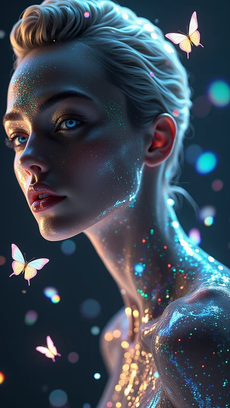 A radiant female model poses with effortless allure, her silhouette bathed in soft, glowing light that creates dreamy contrast against a dark, abstract backdrop. Her skin appears porcelain-smooth and hyper-realistic, with an iridescent sheen that subtly shifts in color as if brushed by liquid starlight. She wears a sleek, futuristic couture gownâsculpted to her form, shimmering with micro-prismatic threads that refract light into spectral patterns across her curves. The lighting is soft and cinematic, glowing from beneath her cheekbones and collarbones, casting delicate shadows that add surreal depth to her features. Her eyes are a striking ocean-blue, sparkling with faint bioluminescent glints; her lips glossed in digital chrome-pink. Around her, ambient visual effects pulse gentlyâfloating particles, translucent butterflies made of code, and slow, spiraling flares of rainbow light that frame her like a celestial aura. Sheâs equal parts fantasy and fashionâa digital goddess brought to life in the radiant world of Prismatica <lora:Prismatica2024-000017:0.7500000000000001>