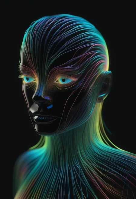 high quality, high resolution, extremely detailed, no humans, made of,tiny neon glass filaments,w0gf1l, computer, black background