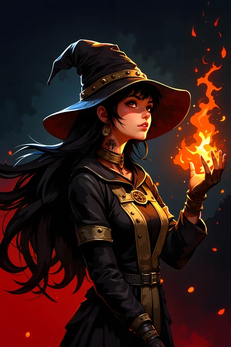 closeup portrait of a wizard witch casting a dark fire spell. She wears black and silver robes, gold and black hat. She has tattoo of a tree. KNKstyle.<lora:KNKstyle_-_FLUX:0.4><lora:Dark_and_Colorful_FLUX_OT:0.4><lora:Videogame_Cartoon_Flux:0.4>