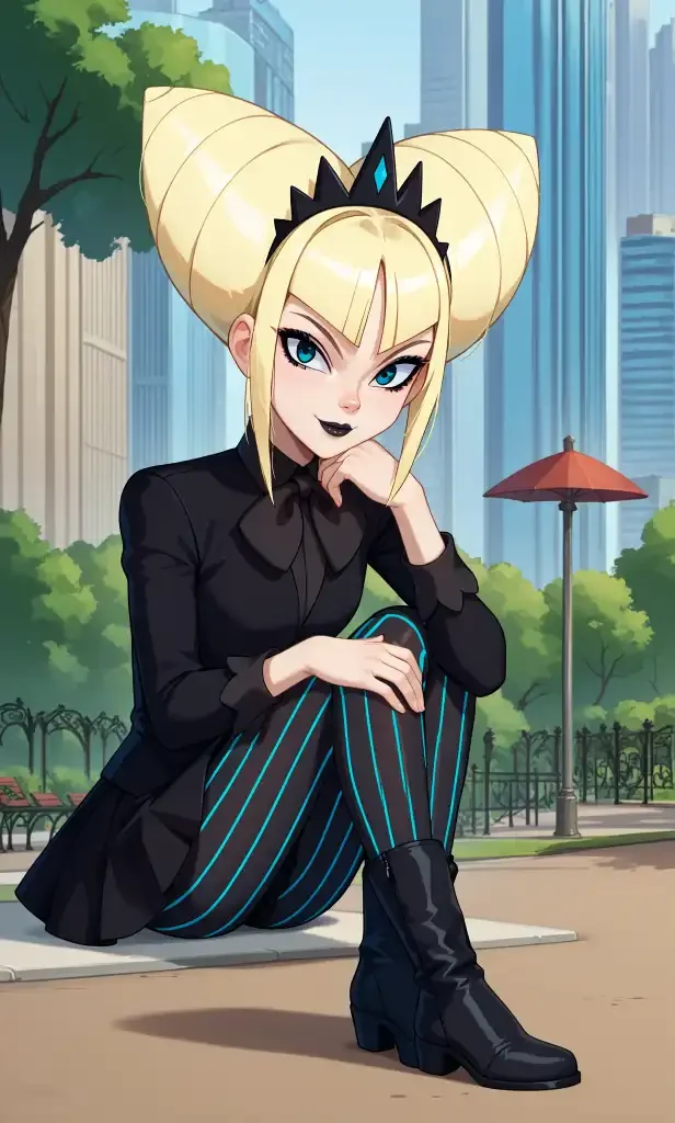 score_9, score_8_up, score_7_up, source_anime, full body, smile, closed mouth, k4lik1ng, 1girl, solo, blonde hair, cone hair bun,blue eyes, mascara, black lips, tiara, black jacket, long sleeves, black bowtie, black shirt, collared shirt, black skirt, vertical-striped pantyhose, black ankle boots, outdoors, city background, park, looking at viewer, sitting, arm on own leg, hand under own chin