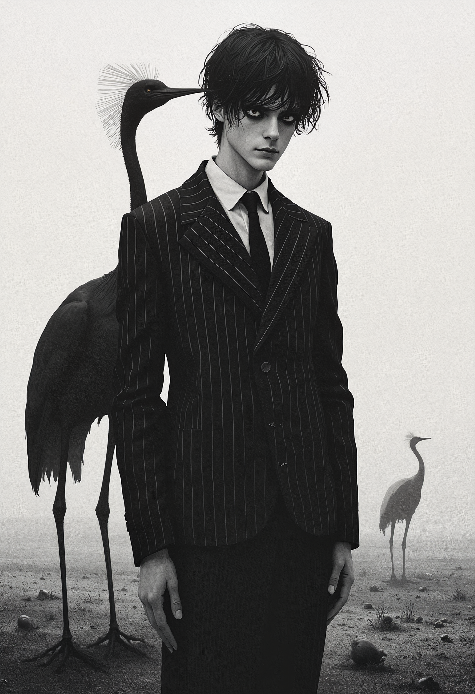 Black and white stylized illustration of a melancholic figure.  Young, Caucasian male, exaggerated features, distressed expression.  Large, wide-eyed, sorrowful gaze.  Long, disheveled hair.  Wearing a dark, pinstriped suit jacket and tie.  Standing pose, slight forward lean, shoulders slightly slumped.  Empty, overcast landscape.  Sparse, bare field with small, dark, round objects scattered.  Black, stylized crane-like bird standing in the mid-ground.  Long, elegant neck of the bird;  whirl of lines create the neck.  Detailed, somewhat textured representation of the figure and background elements, with a subtle sense of depth.   Dramatic, somber mood.   Minimalist style;  art nouveau elements.  Full body portrait, slightly elevated perspective.  Low-key lighting creates a profound contrast.  Focus on conveying a sense of sadness and isolation.  Stylized, illustrative, and dark fantasy character.

