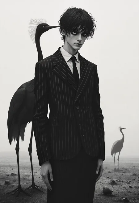Black and white stylized illustration of a melancholic figure. Young, Caucasian male, exaggerated features, distressed expression. Large, wide-eyed, sorrowful gaze. Long, disheveled hair. Wearing a dark, pinstriped suit jacket and tie. Standing pose, slight forward lean, shoulders slightly slumped. Empty, overcast landscape. Sparse, bare field with small, dark, round objects scattered. Black, stylized crane-like bird standing in the mid-ground. Long, elegant neck of the bird; whirl of lines create the neck. Detailed, somewhat textured representation of the figure and background elements, with a subtle sense of depth. Dramatic, somber mood. Minimalist style; art nouveau elements. Full body portrait, slightly elevated perspective. Low-key lighting creates a profound contrast. Focus on conveying a sense of sadness and isolation. Stylized, illustrative, and dark fantasy character.