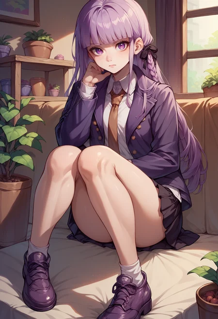 score_9, score_8_up, score_7_up, score_6_up, 1girl, Kyoko, purple eyes, purple hair, long hair, braid, purple jacket, brown necktie, white shirt,<lora:KyokoPXL:1> sitting with elbows on knees