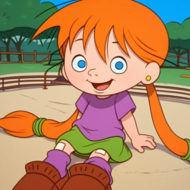 score_9, score_8_up, score_7_up, 1girl, solo, jacbw1, blue eyes, orange hair, very long twintails, looking at viewer, jewelry, earrings, smile, open mouth, purple shirt, green skirt, bandaid on knee, purple socks, brown footwear, child, playground, lens_flare, Volumetric Lighting, <lora:jacbw1-000010:1>