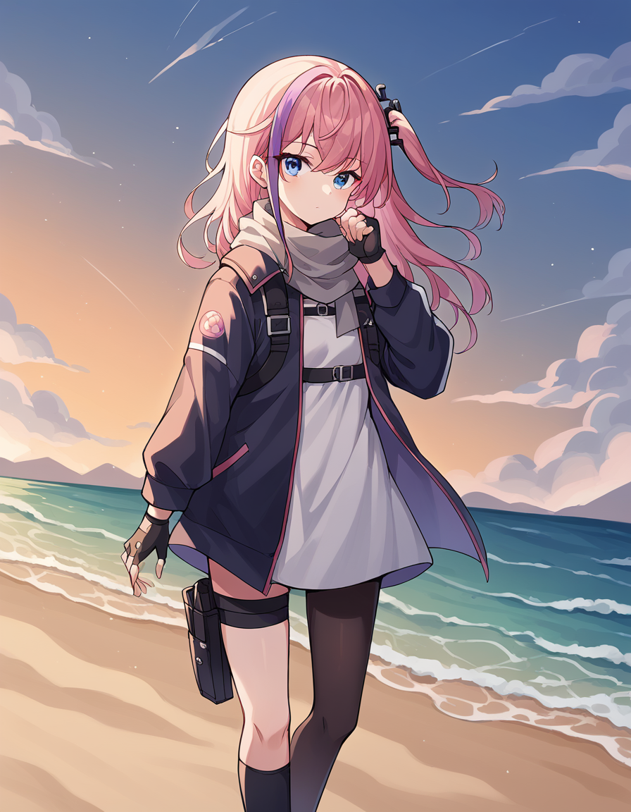 score_9, score_8_up, score_7_up, source_anime, <lora:girlsfrontline-st-ar-15-ponyxl-lora-nochekaiser:1>, st ar-15, blue eyes, hair ornament, long hair, multicolored hair, one side up, streaked hair, pink hair, purple hair,, asymmetrical legwear, black pantyhose, black socks, dress, fingerless gloves, gloves, grey scarf, holster, jacket, pantyhose, scarf, shirt, single leg pantyhose, single thighhigh, strap, thigh holster, thigh strap, thighhighs, uneven legwear, white shirt,, beach, sunset, walking along shore, footprints in sand, waves, peaceful, , sitting, elbow rest, table,, looking at viewer, solo,, dutch angle, cowboy shot